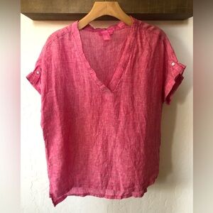 Isaac Mizrahi|100% Linen PINK short sleeve blouse, size small••Lagenlook, Casual